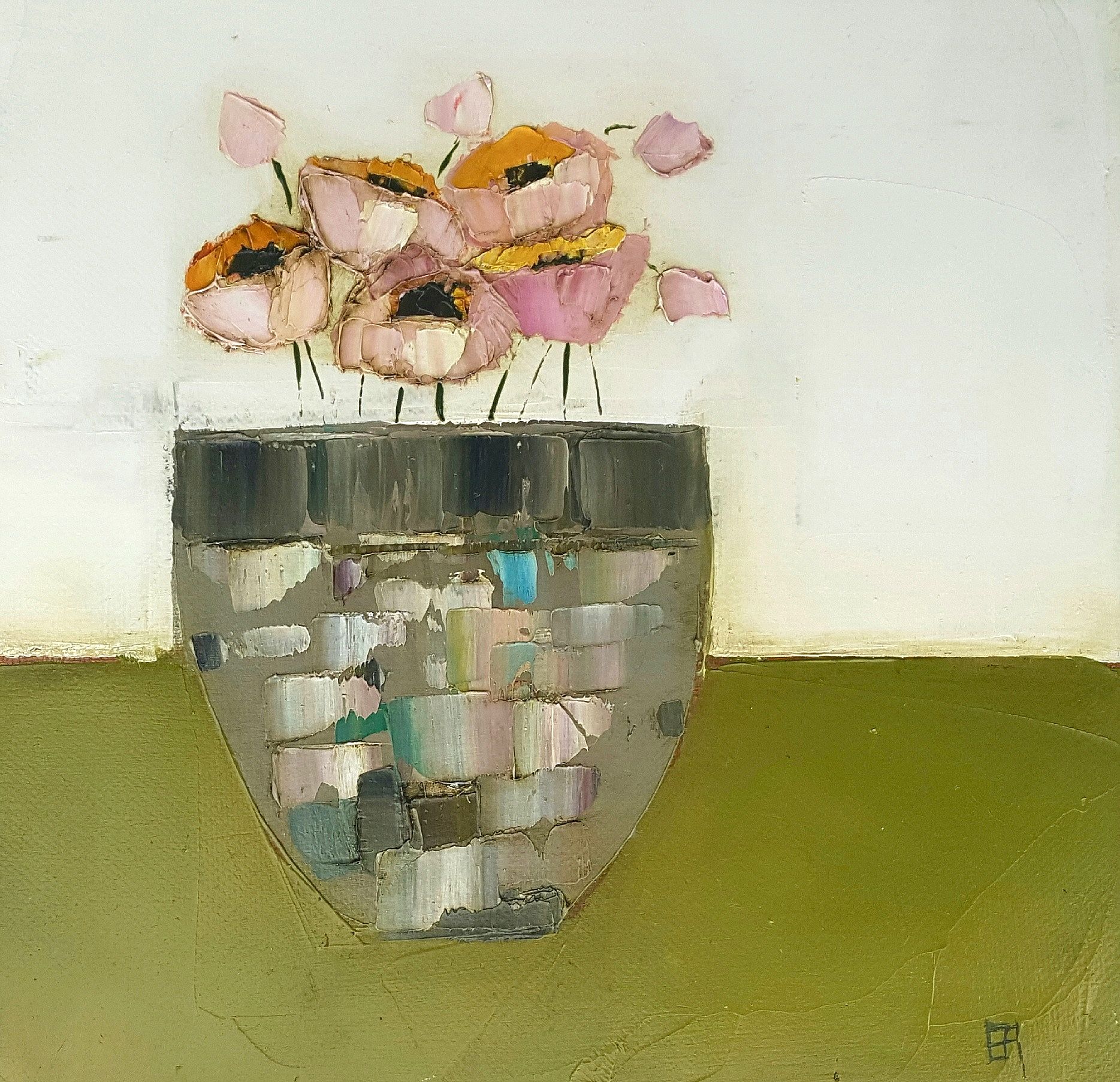 Eithne  Roberts - Pinks in grey on green